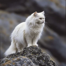 Graceful White Cat Standing on Rocks