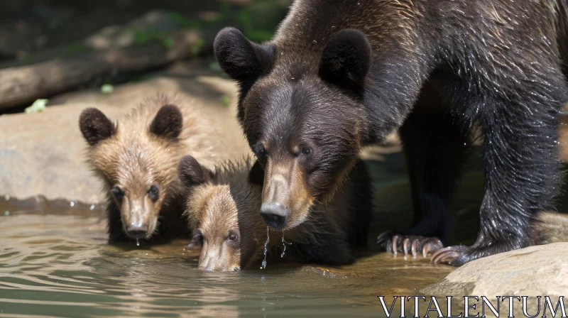 Captivating Wildlife Moment: Brown Bear and Cubs in a River AI Image