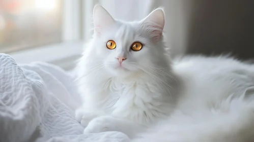 Golden-Eyed White Cat Resting Indoors