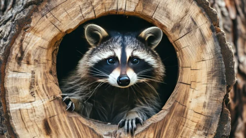 Curious Raccoon Peeking from Tree Trunk - Wildlife Photography