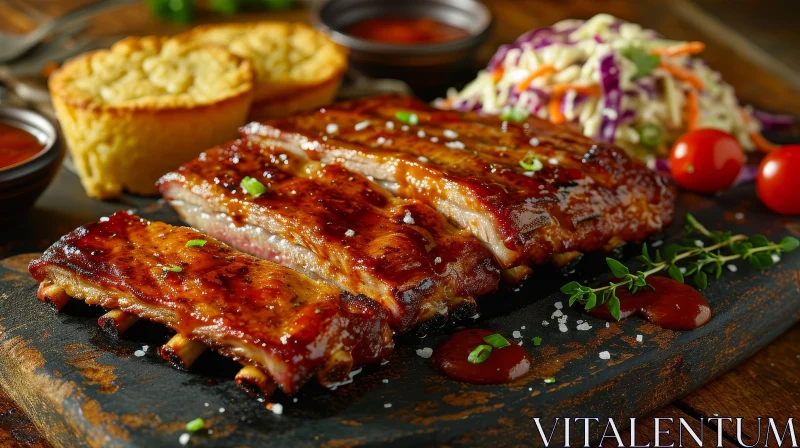 Delicious Pork Ribs, Cornbread, and Coleslaw on a Wooden Table AI Image