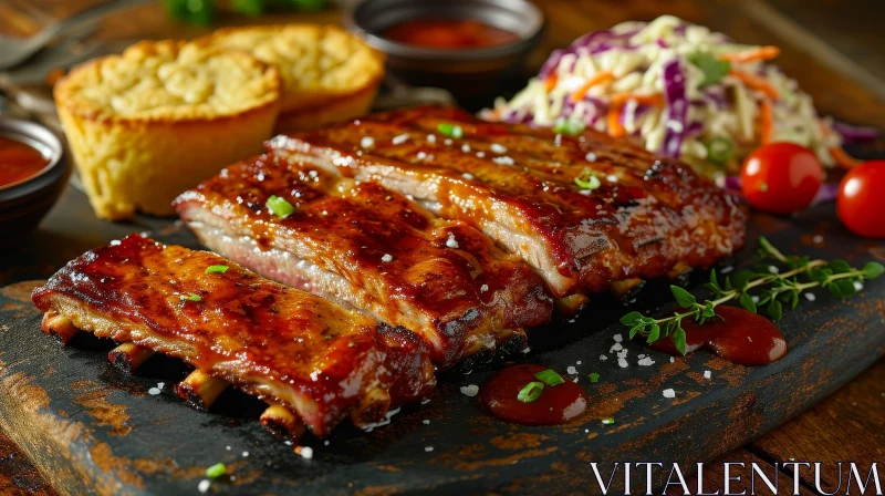 Delicious Pork Ribs, Cornbread, and Coleslaw on a Wooden Table