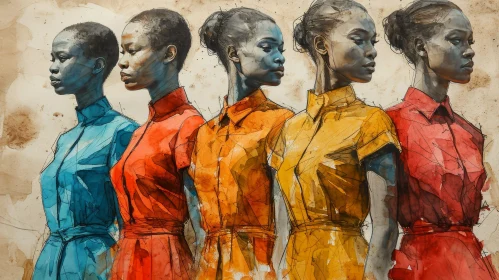 Digital Painting of Five Black Women in Profile | Colorful Dresses | Dreamy Atmosphere