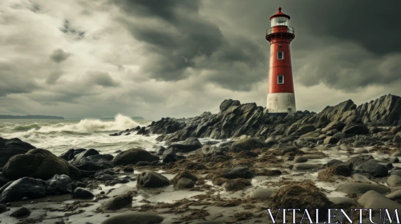 Eerie Lighthouse on Stormy Beach: A Whimsical Seascape AI Image