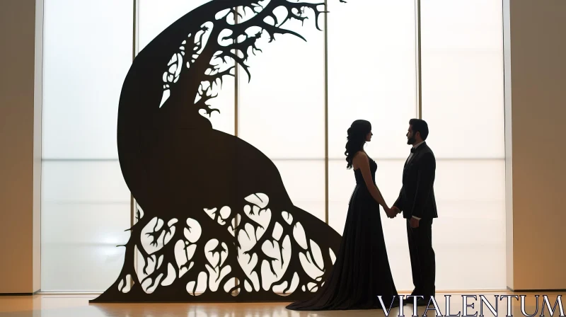 Elegant Couple in Black in Front of Intricate Tree Sculpture AI Image