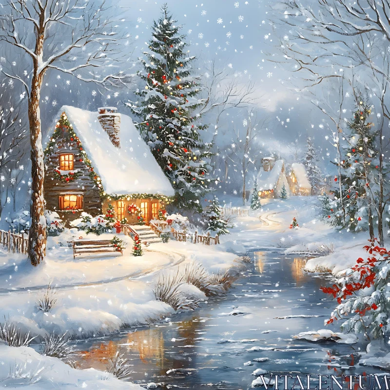 Cozy Cabin in a Winter Wonderland AI Image