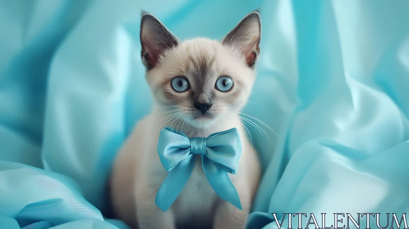 AI ART Charming Kitten with Sky Blue Ribbon on Blue Background