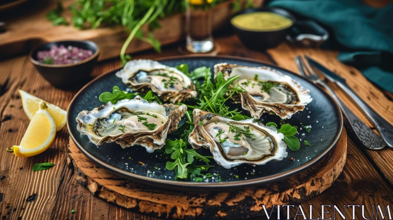 Gourmet Delight: Captivating Plate of Oysters on Wooden Table AI Image