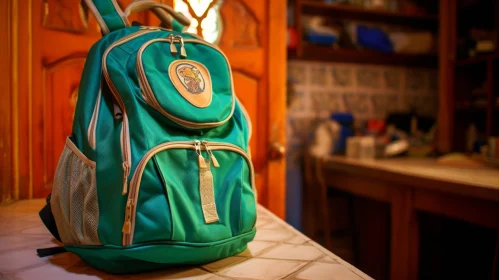 Green Backpack on Table in Room