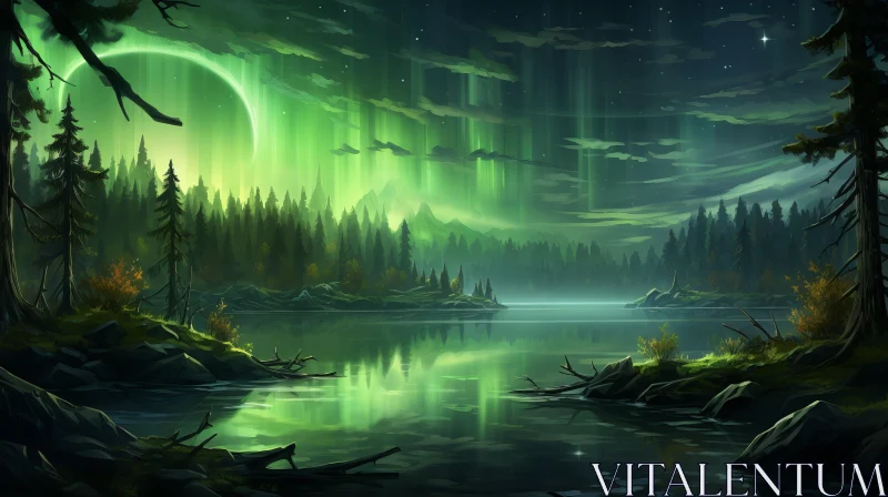 Mystical Aurora over Forest Lake – Nature Wonders Artwork AI Image