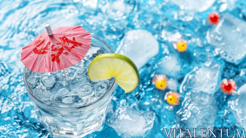 Refreshing Glass of Water with Lime and Pink Umbrella on Blue Background AI Image