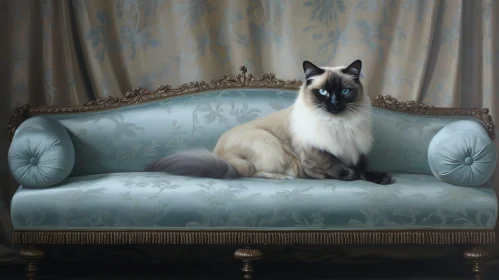 Serene Painting of Ragdoll Cat on Blue Couch
