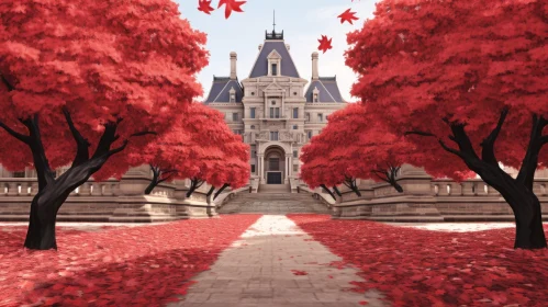 Whimsical Rococo-Inspired Art: Red Building and Pathway amidst Red Leaves