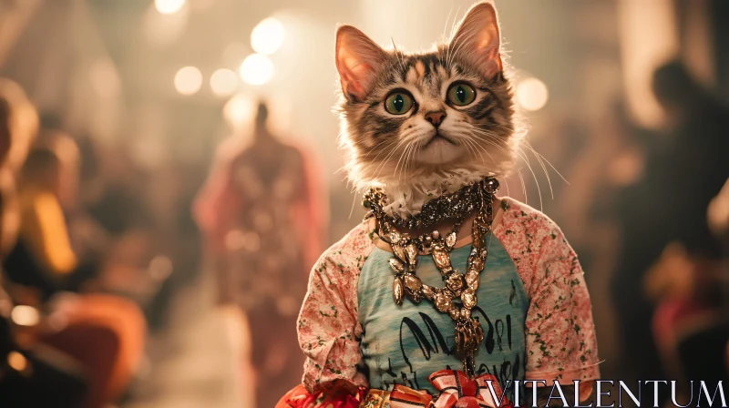 AI ART Cat in Glamorous Attire on Fashion Runway