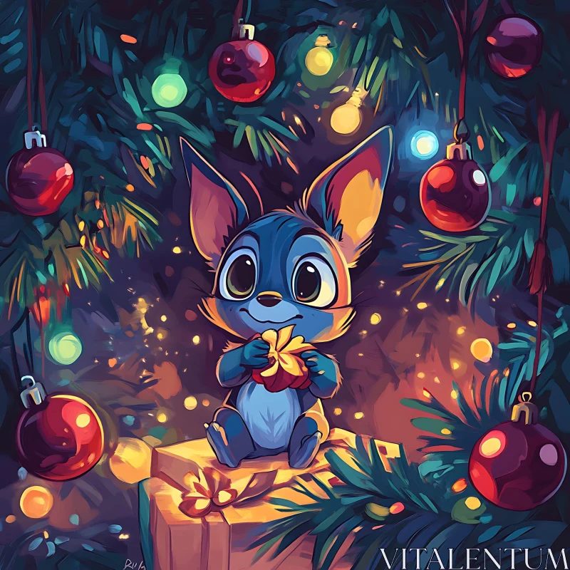 Festive Cartoon Character Under Christmas Tree AI Image