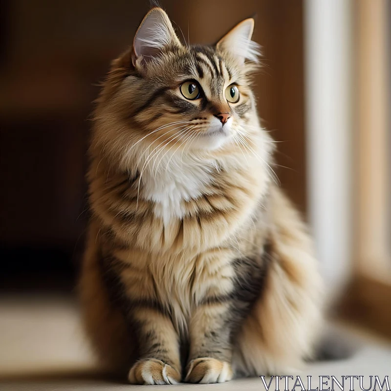 Beautiful Fluffy Cat with Green Eyes and Brown Fur AI Image