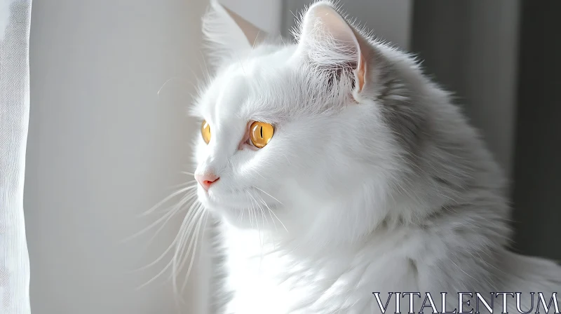 Serene White Feline with Striking Golden Eyes AI Image