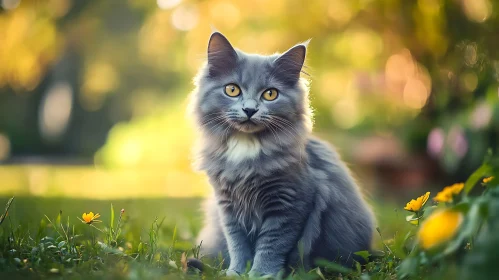 Charming Grey Cat Amidst Yellow Flowers and Golden Light