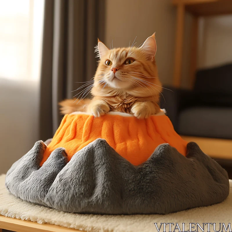 Cat Relaxing in Volcanic Cat Bed AI Image