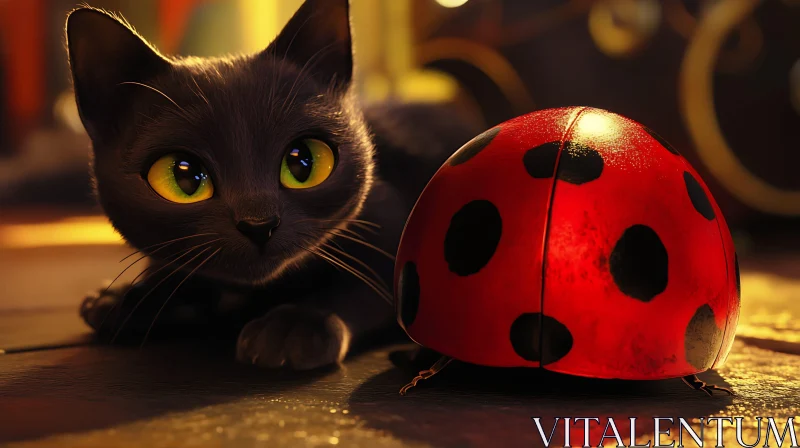 Black Kitten and Red Ladybug Interaction AI Image