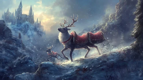 Mystical Winter Wonderland with Reindeer and Castle