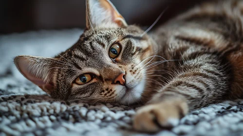 Tranquil Tabby Cat Lying Down with Captivating Eyes