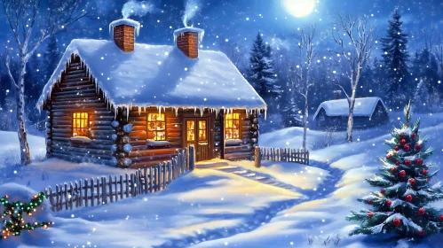 Festive Snow-Covered Log Cabin in Winter Wonderland