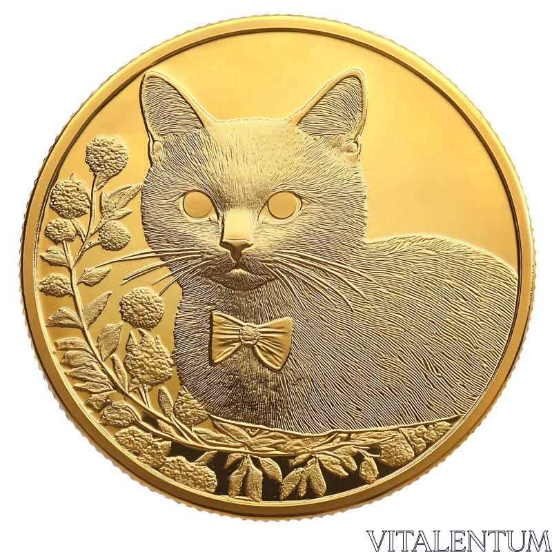 Detailed Cat Gold Coin with Floral Patterns AI Image