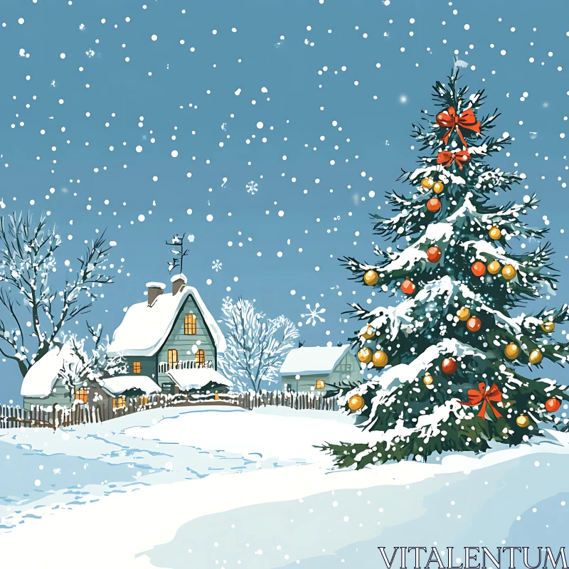 Snowy Landscape with Christmas Decorations AI Image