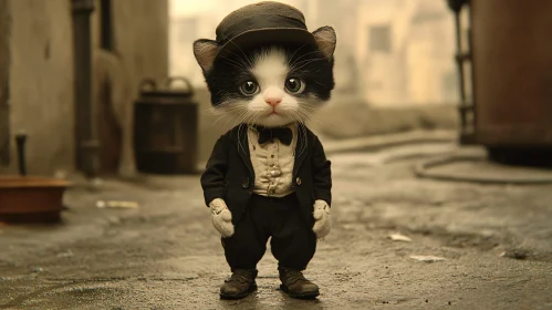 Endearing Kitten in Old-Fashioned Clothes in an Urban Alley