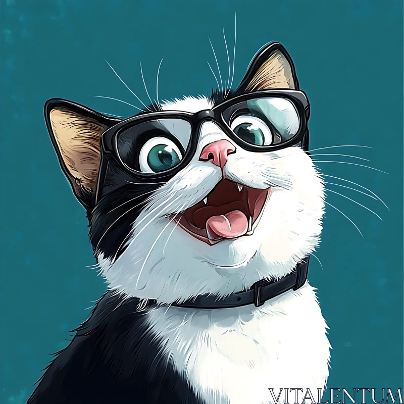 Happy Cat Wearing Glasses Cartoon AI Image