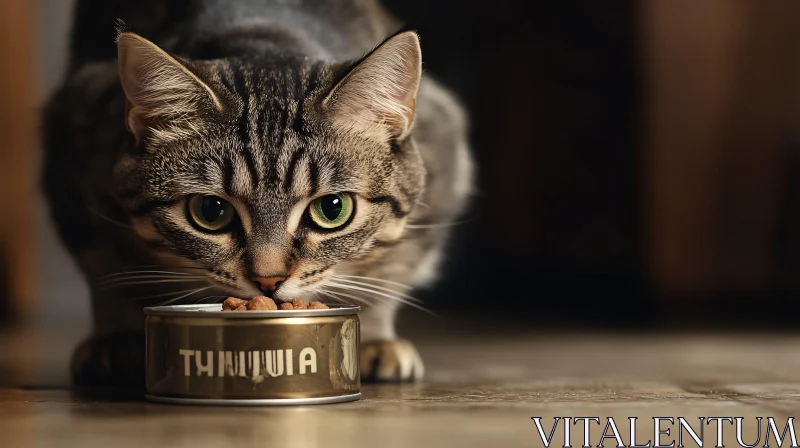 Focused Tabby Cat Enjoying Meal AI Image