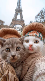 Playful Cats in Winter Attire at Eiffel Tower