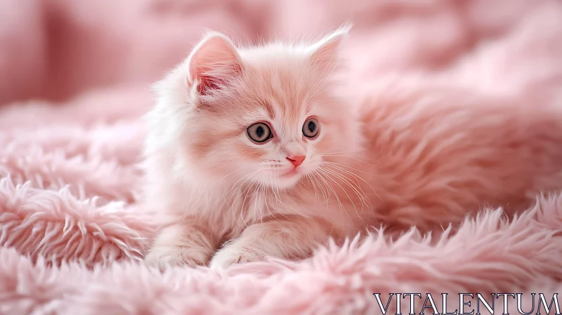 Cute Fluffy Kitten on Soft Pink Fabric AI Image