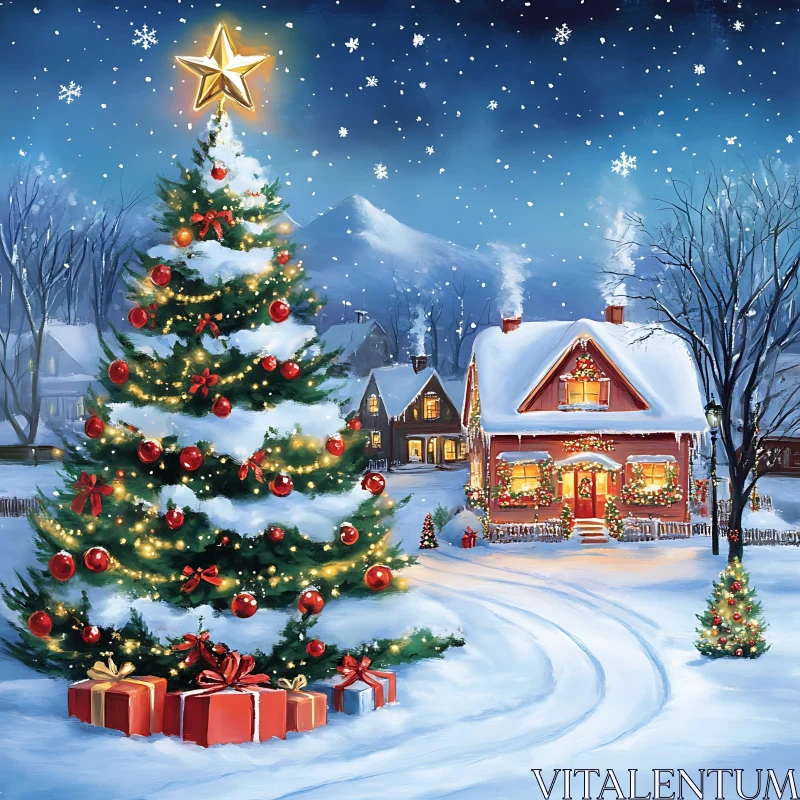 Snowy Christmas Wonderland with Lighted Tree and Decorated House AI Image