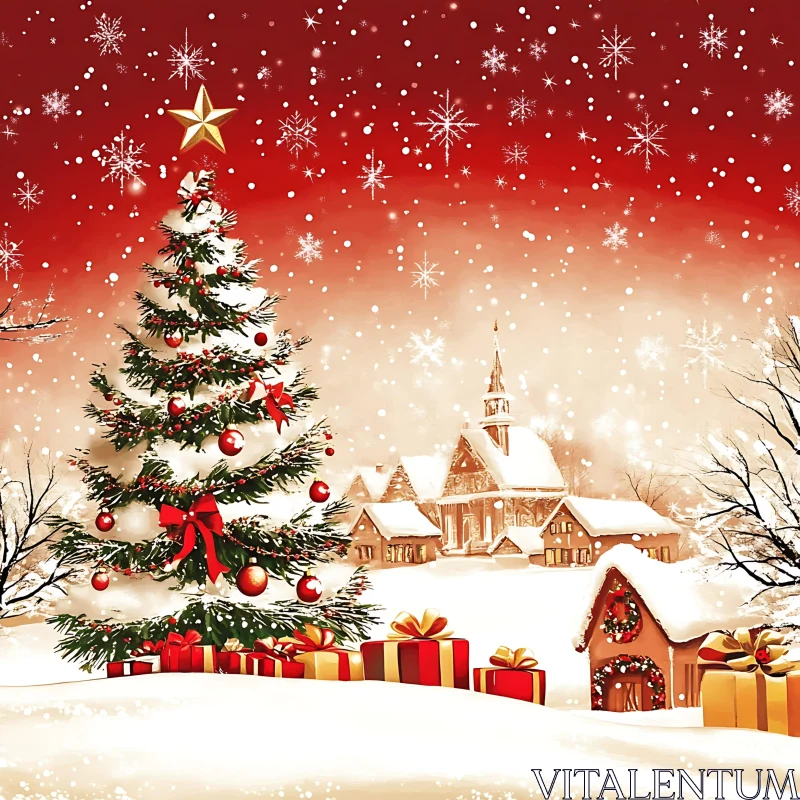 Festive Holiday Scene with Decorated Christmas Tree and Snow AI Image