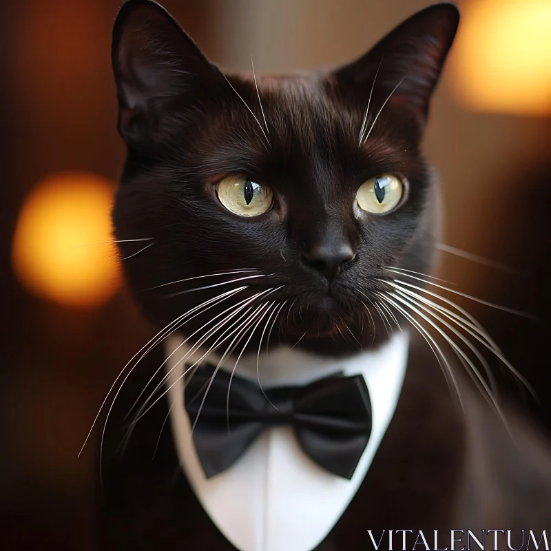 Sophisticated Black Cat in a Bow Tie AI Image