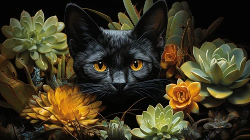 Black Cat in Succulent Garden - Digital Painting