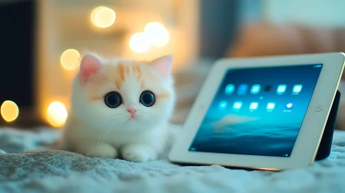 Cute Kitten and Tablet Amidst Warm Lights