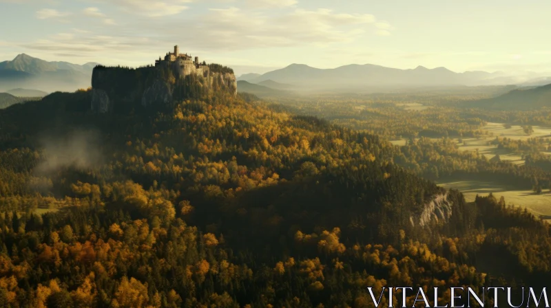 Castle in Autumnal Forest: Cinematic View of Nature AI Image