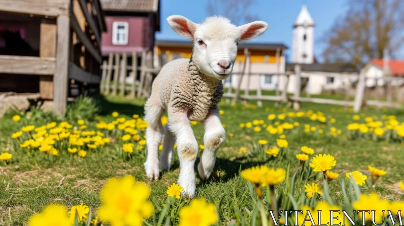 Cute White Lamb in a Green Field with Yellow Flowers AI Image
