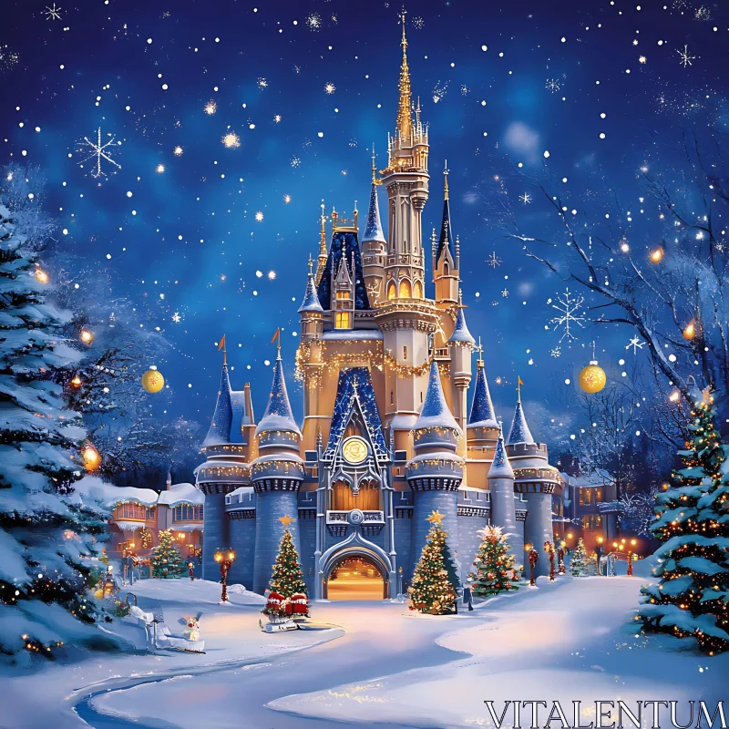 Enchanted Castle in a Snowy Wonderland AI Image