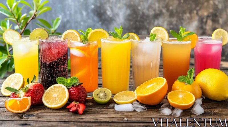 AI ART Exquisite Fresh Fruit Juice Glasses on Wooden Table