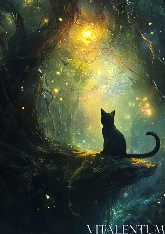 Enchanted Forest Cat with Fireflies AI Image