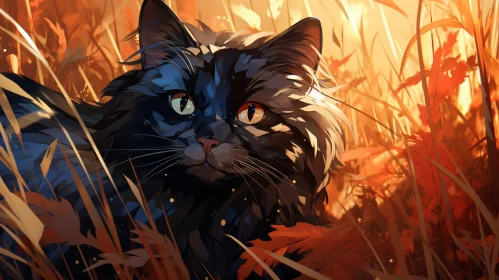 Graceful Black Cat Painting in Sunlit Field