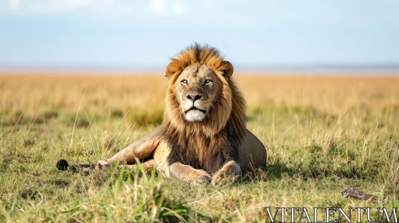 Majestic Male Lion on Grassy Plain - Wildlife Photography AI Image