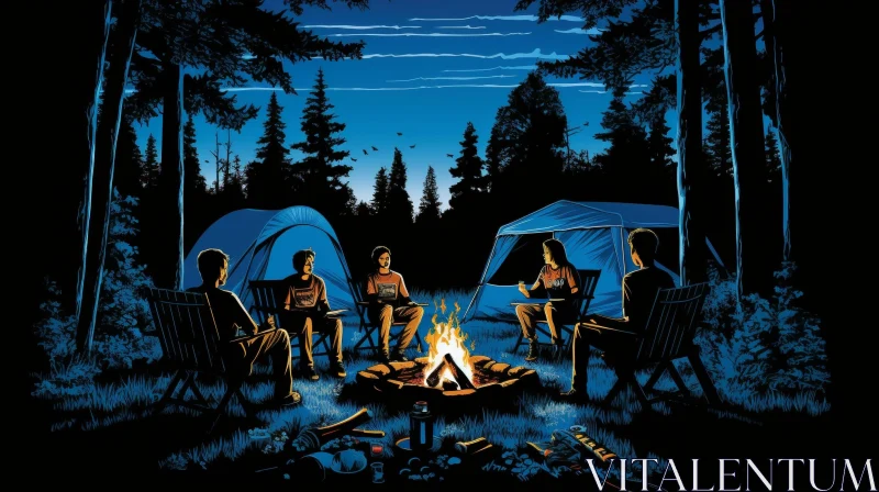 AI ART Night Camping Scene with Friends in the Woods