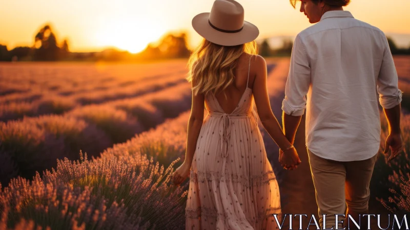 Romantic Sunset Stroll in a Lavender Field | Nature-inspired Art AI Image
