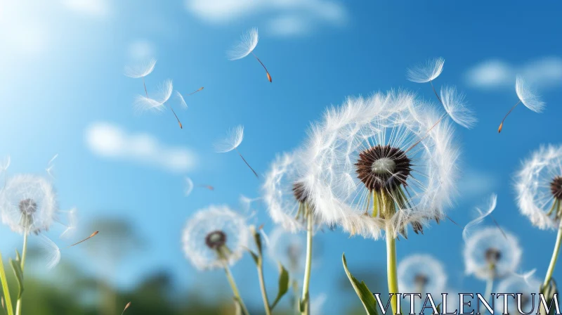 Scattering Dandelions Under Clear Blue Sky - A Moment of Environmental Consciousness AI Image