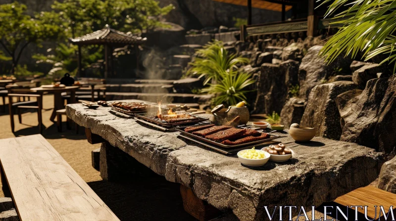 Serene Stone Table Barbecue in Beautiful Outdoor Setting AI Image